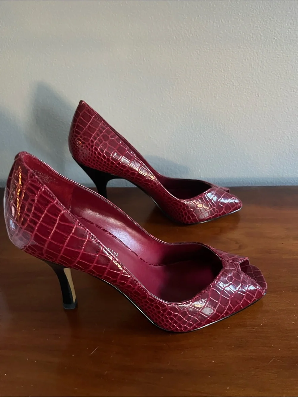 Anne Klein Red Croc-Embossed Peep-Toe Pumps